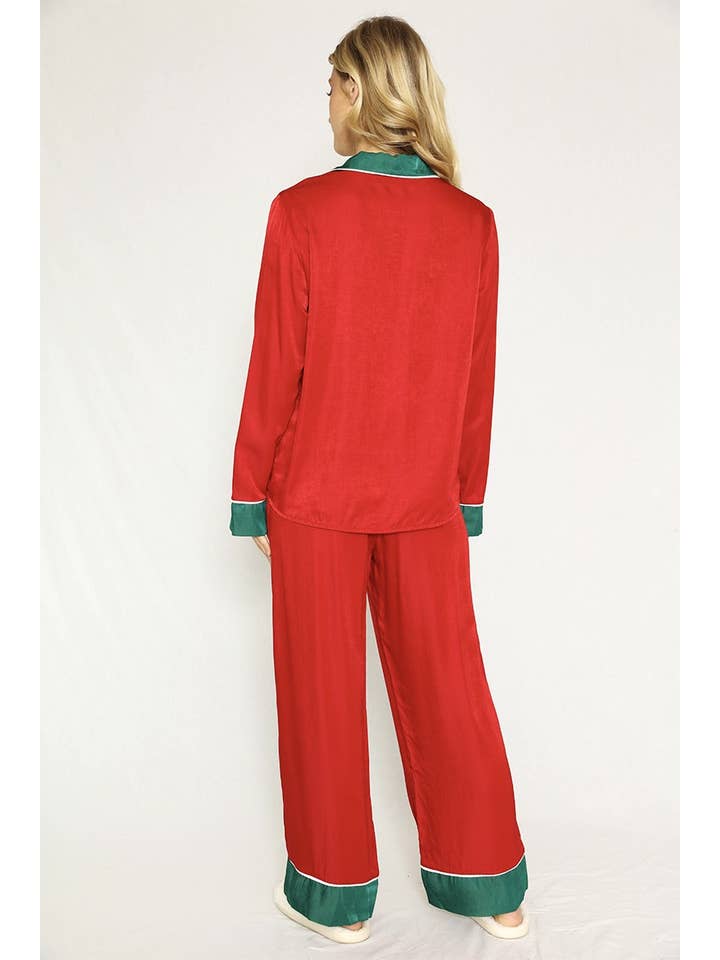 Red Textured Satin Holiday Pajama Set for wholesale on Faire