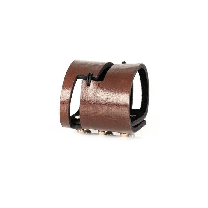 The Oath Brown Leather Cuff with Cut-Out Detailing for wholesale by The Dark