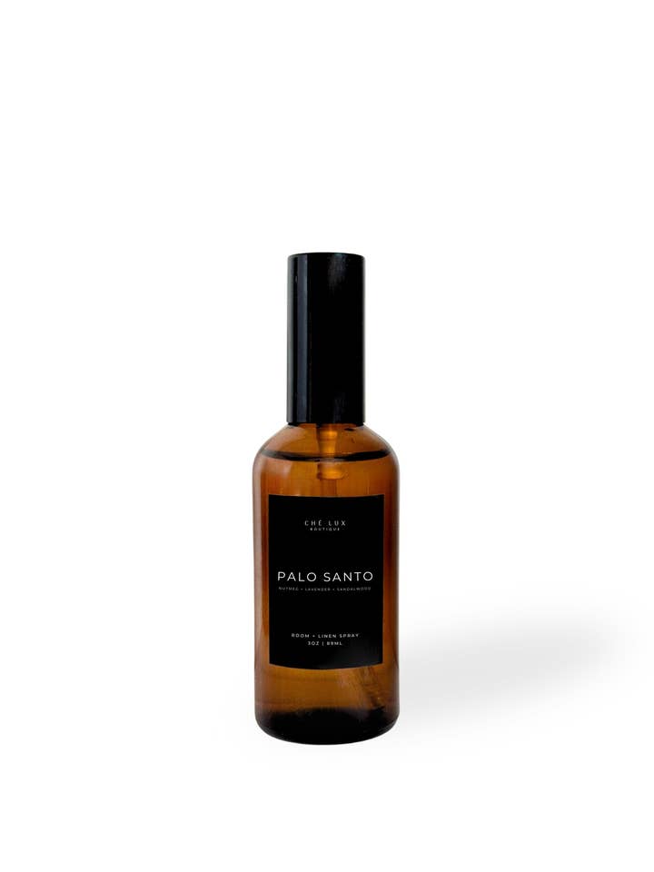 Palo Santo | Muskatnuss + Lavendel + Sandelholz - Lagerfeuer Raum + Leinen Spray | Weihrauch + Oud + Leder - 3oz Bernsteinflasche für den Großhandel von Chè Lux Boutique