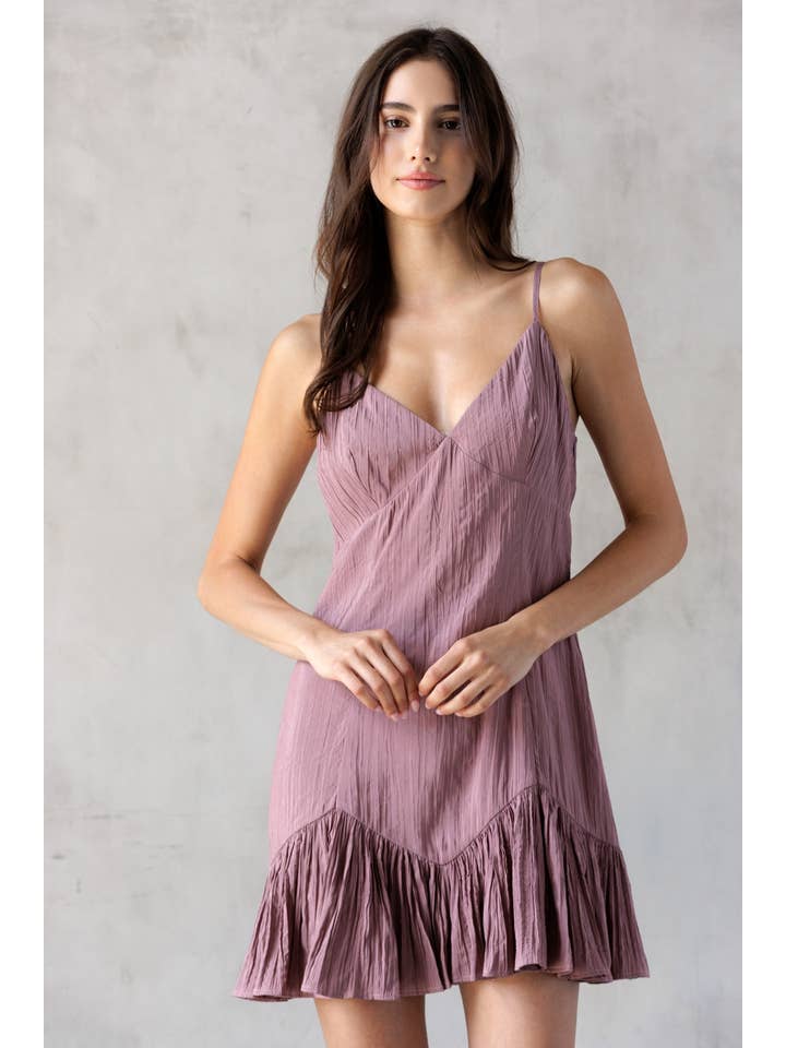 MAUVE LD2382-RUCHED V-NECK MINI DRESS for wholesale on Faire