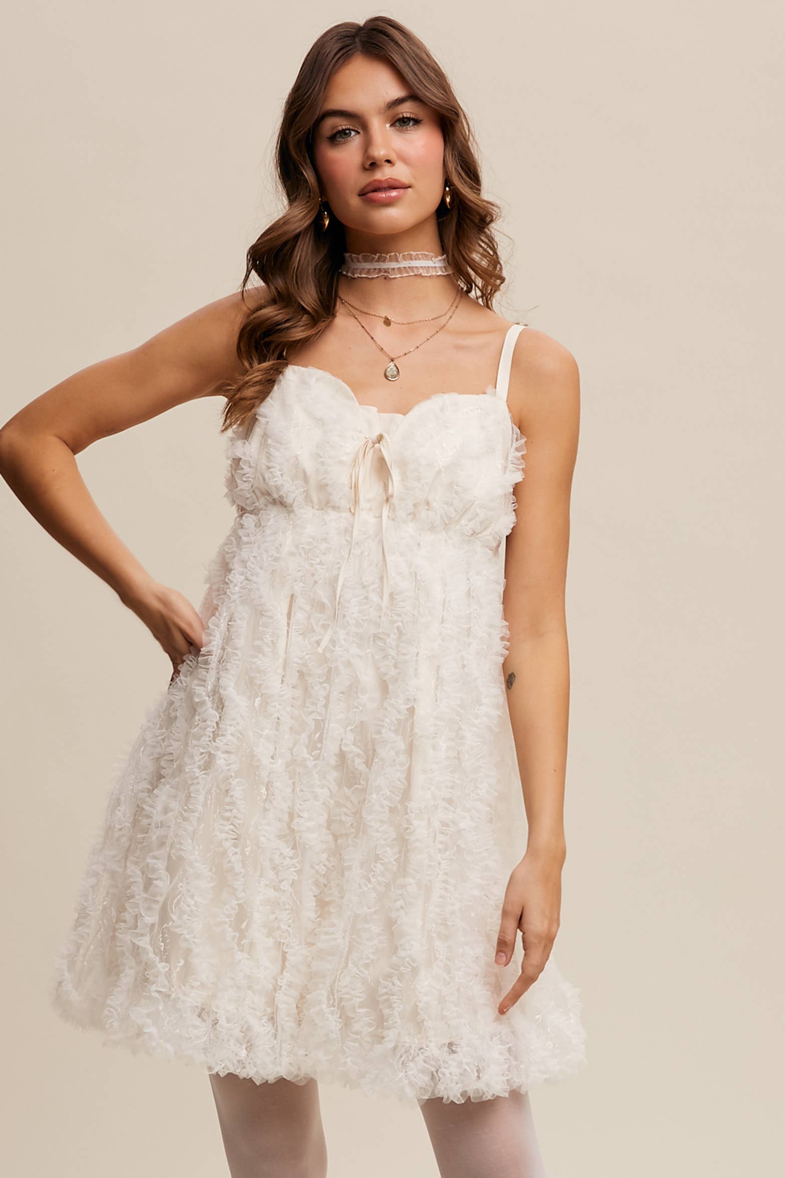 Listicle - Wholesale Dress - Women's - Fluffy Mesh Lace Layered Mini Dress0