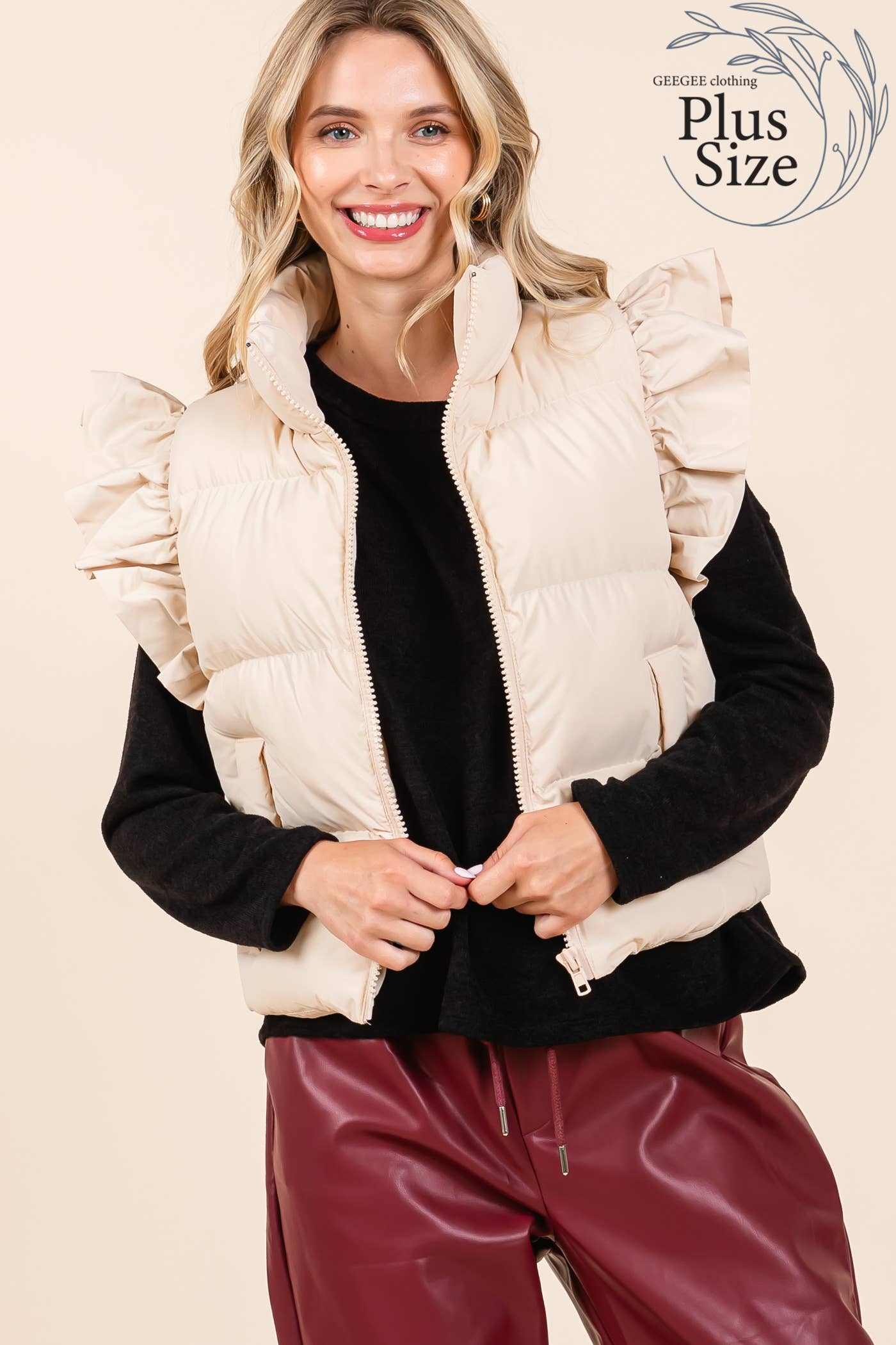 GeeGee x Lovelo - Wholesale Outerwear Vest - Women's - Plus Ruffled Sleeve Puffer Vest, MJ4501PL31