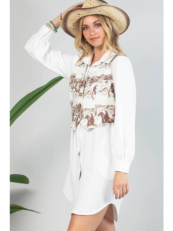 Light Mocha AV1274-GABBY WESTERN PRINT BUTTON DOWN WOVEN VEST for wholesale on Faire5