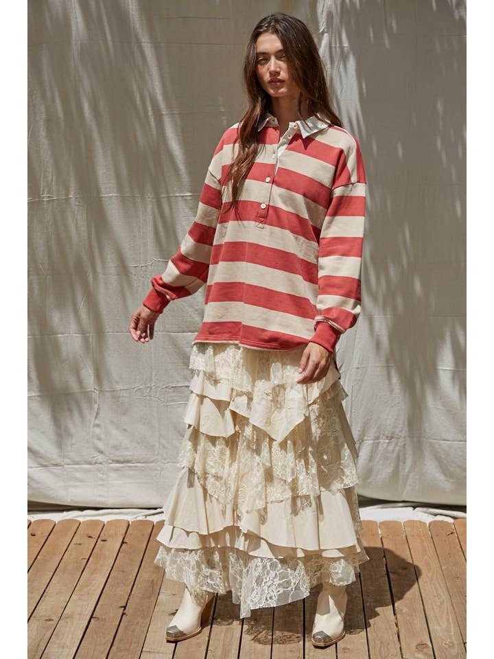 By Together - Wholesale Sweatshirt - Women's - L8802 | Knit Cotton Striped French Terry Collar Neck Top
