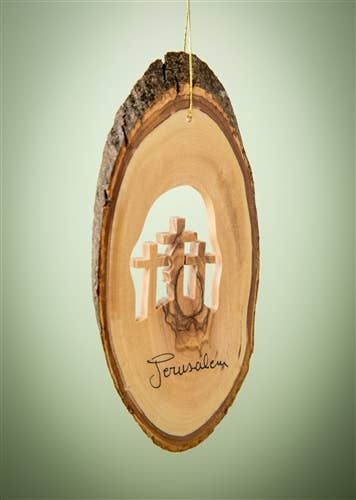 Earthwood - Wholesale Ornament - Bark Slice with Three Crosses - 4 to 6"3