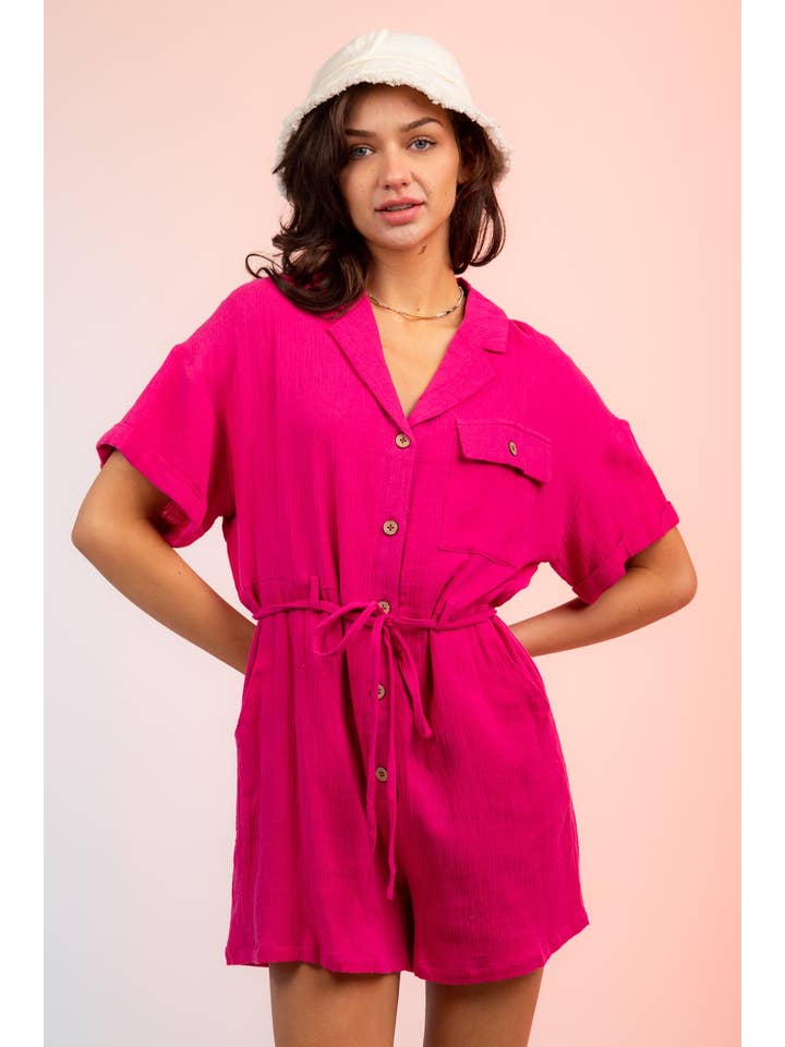 VERY J - Wholesale Romper - Women's - NP70151-Belted Button Down Romper