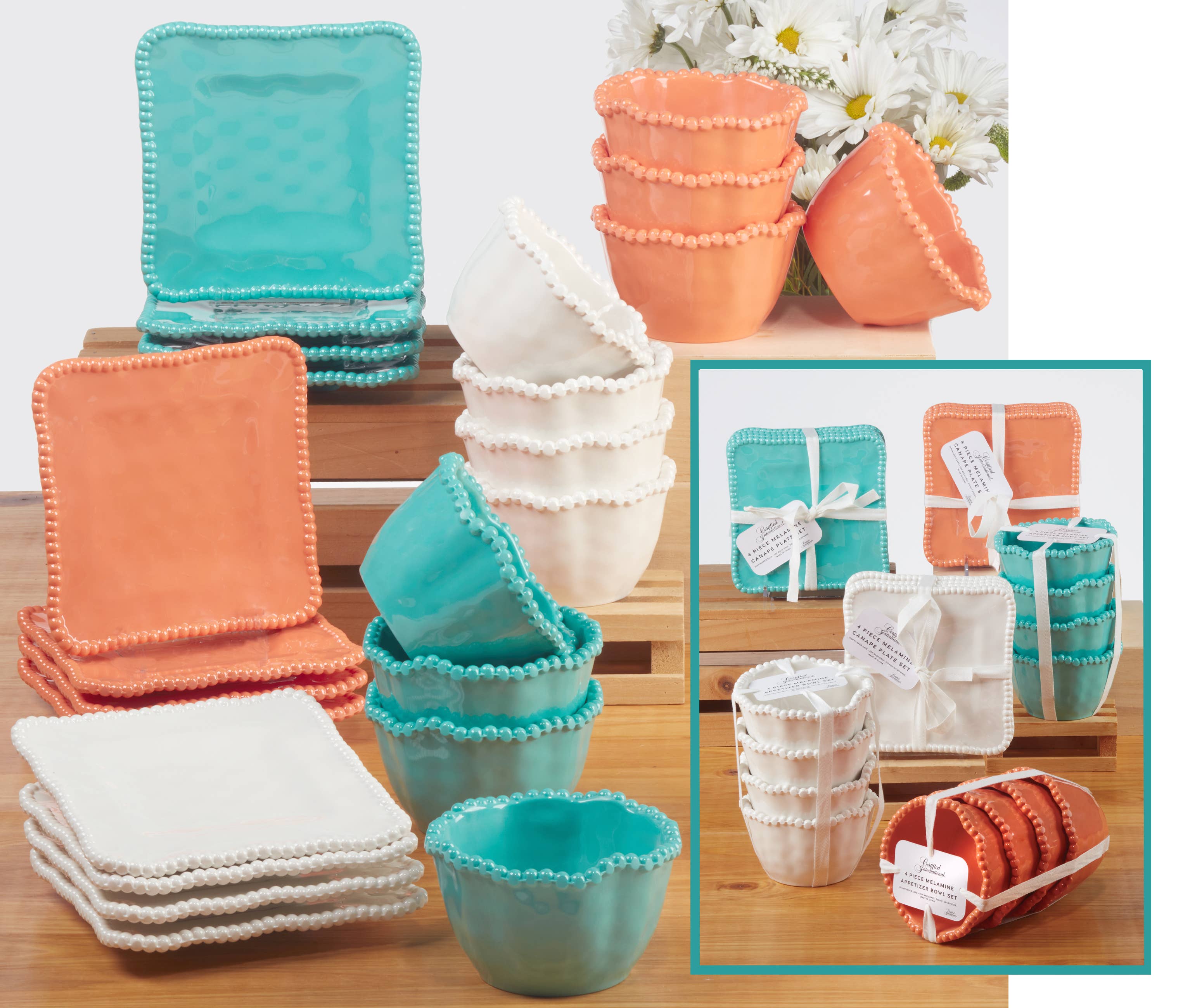 Certified International - Wholesale Dinner Plate - Perlette Gift Cream Melamine Set of 4 SquareCanape Plates2