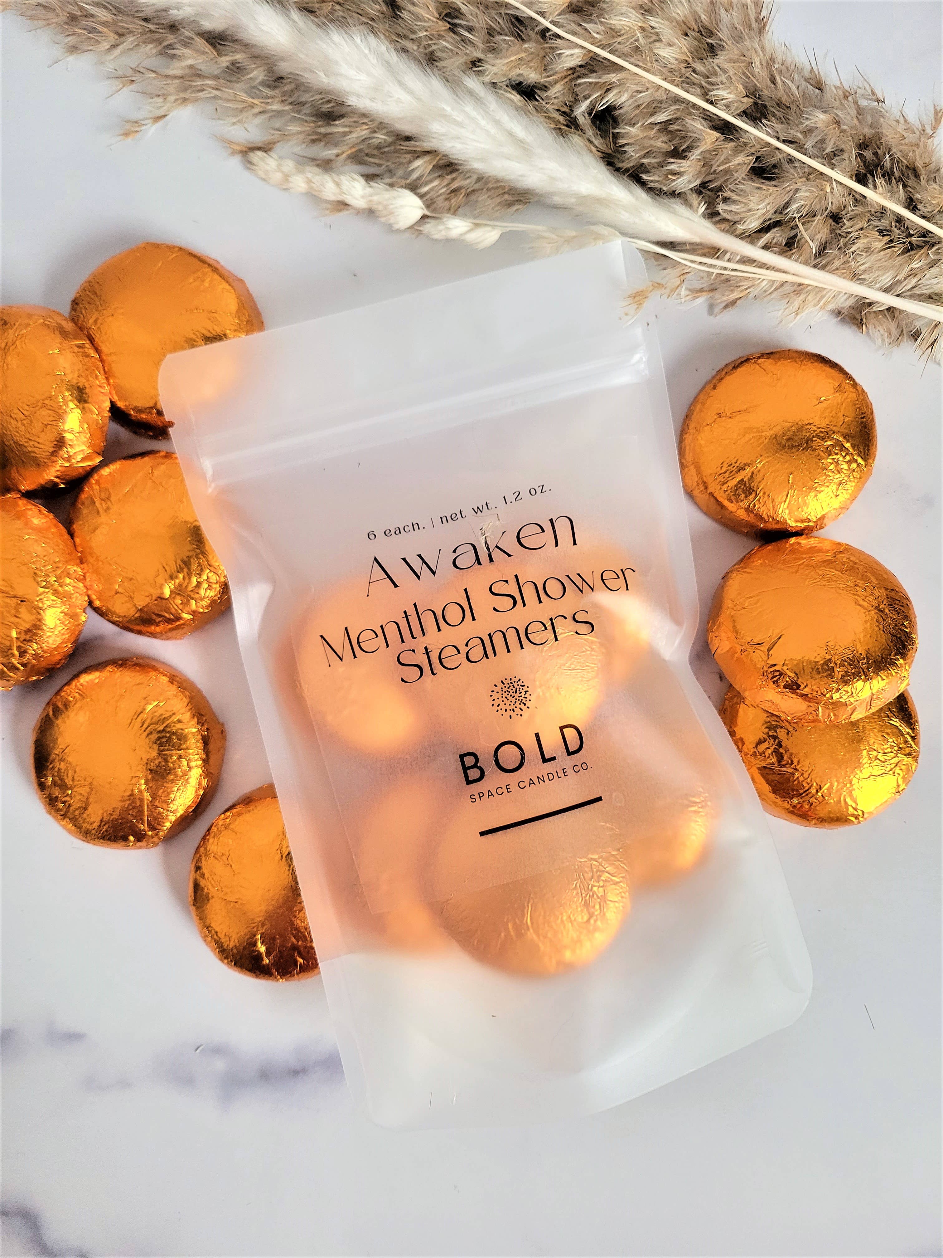 Bold Space Candle Co. - Vente Bombe de douche/galet bien-être pour la douche - Awaken Shower Steamer – Orange énergisante & Lavande - 6 unités1