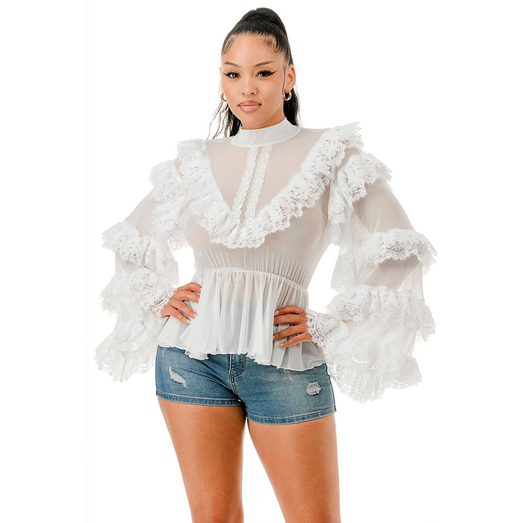 DORCAS - Wholesale Blouse - Women's - Plus Size Long Sleeve Ruffle Lace Blouse Top2