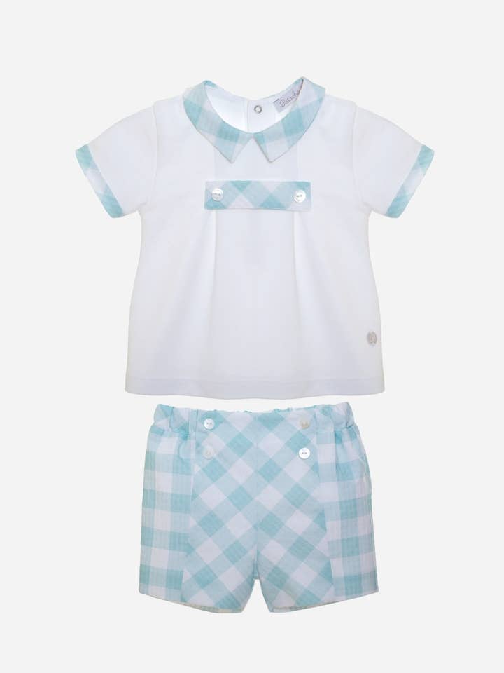 Conjunto de bebé niño de cuadros blancos y azules for wholesale by Patachou