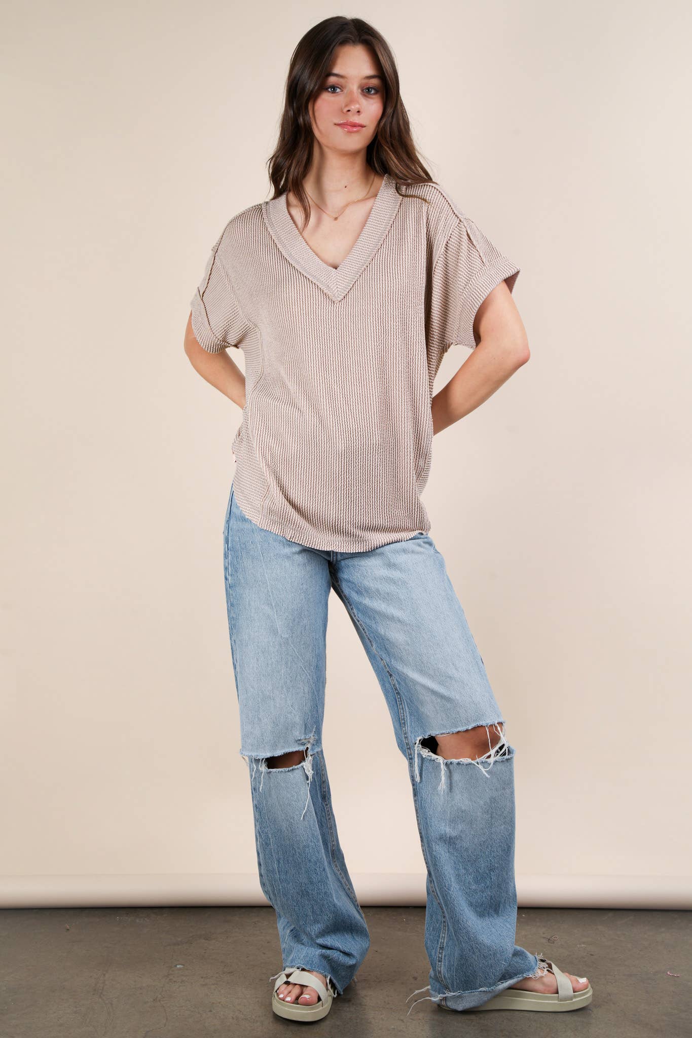 VERY J – wholesale Knit top – Women's – NT12075-Soft Two Tone Casual Comfy Ribbed Knit Top24