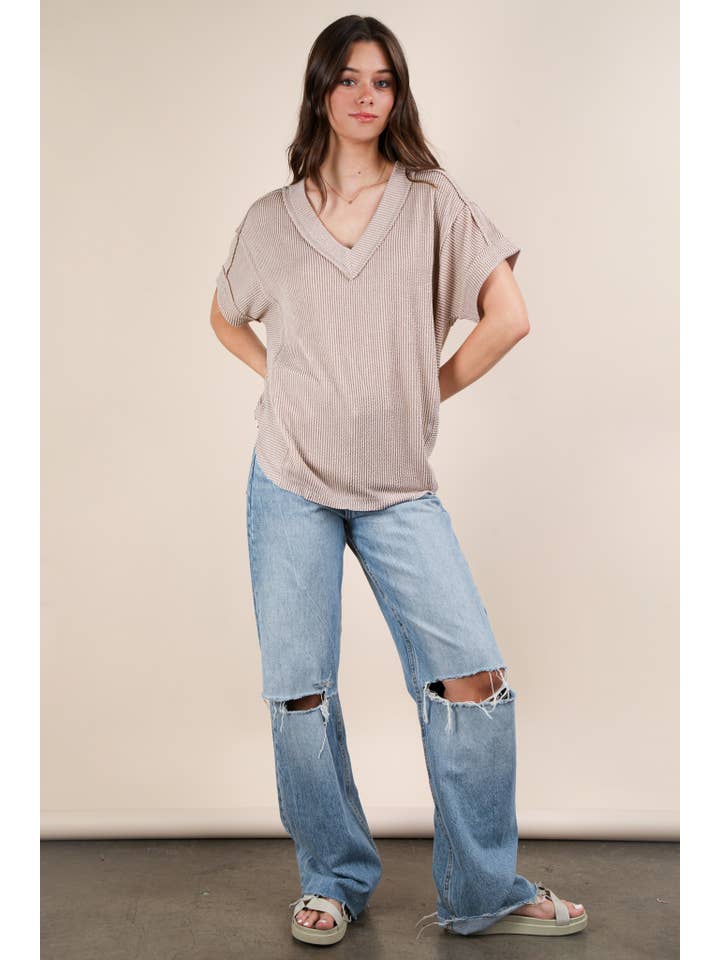 VERY J – wholesale Knit top – Women's – NT12075-Soft Two Tone Casual Comfy Ribbed Knit Top24