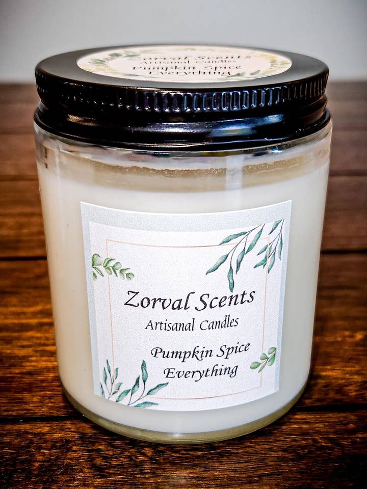 Pumpkin Spice Everything, bougie en cire de soja à la noix de coco, pot transparent pour la vente par Zorval Scents