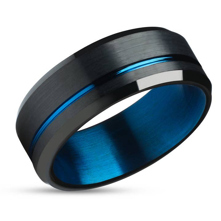 Svart vigselring - blå volframring - blått bröllopsband - matt ring - unik ring för wholesale av Lucky Love Rings