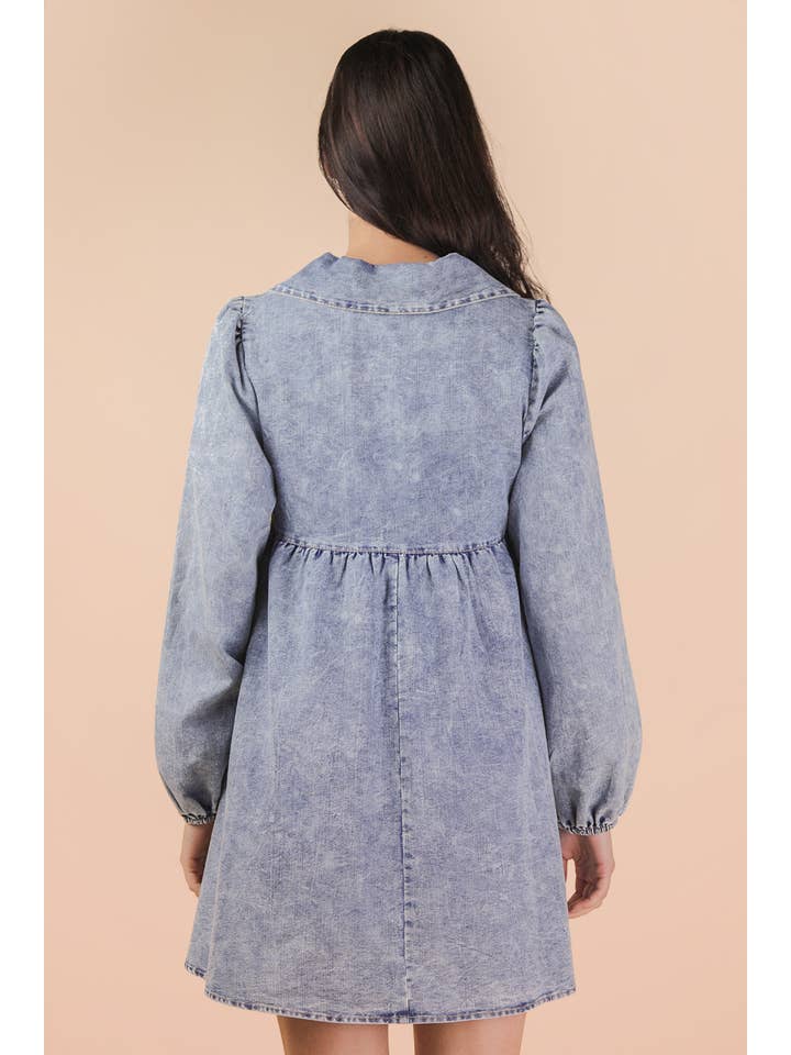 VERY J - Wholesale Dress - Women's - ND31904-Washed Chambray Collared Mini Dress9