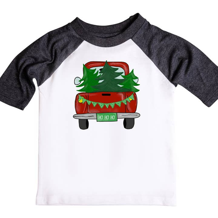 Boys Red Vintage Christmas Truck Raglan Style T-Shirt for wholesale by Jumpin' Jaks Tees