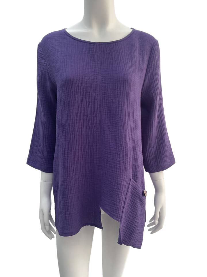 Cotone taglio asimmetrico tasca 3/4 manica viola regina Top per la vendita all'ingrosso da parte di Kamana