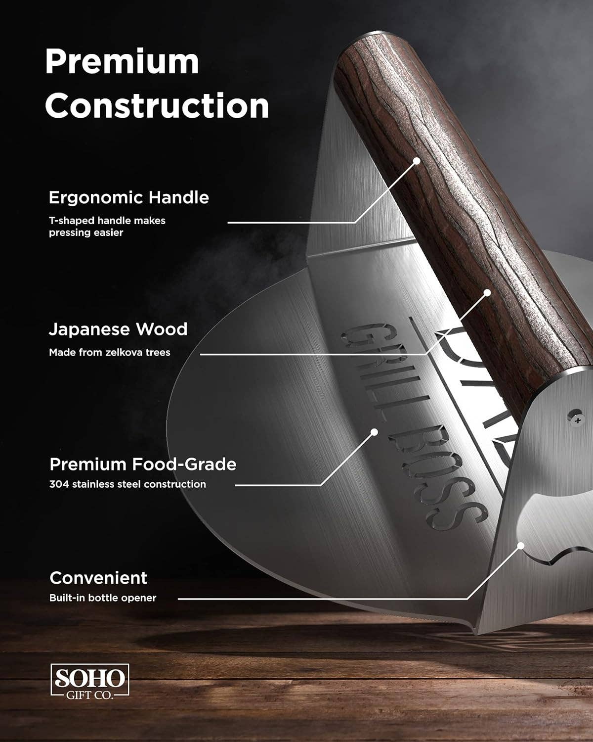 Infinite Basics - Wholesale Outdoor Grill Tools - BBQ Press Grilling Gift for DAD The Grill Boss - Stainless Steel Smash Burger Press for Hamburger/Bacon with Wood Handle & Beer Opener (for Christmas, Birthday, Fathers Day)1