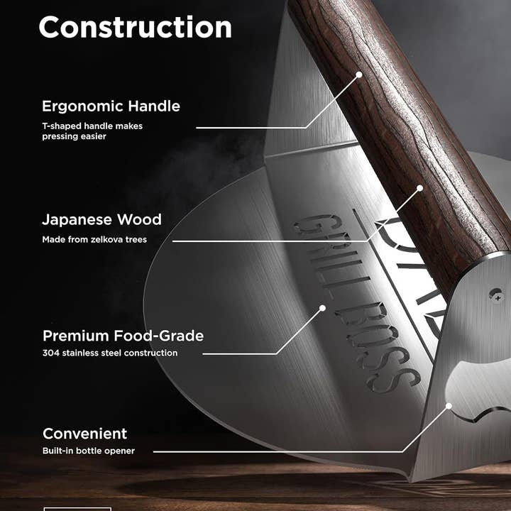 Infinite Basics - Wholesale Outdoor Grill Tools - BBQ Press Grilling Gift for DAD The Grill Boss - Stainless Steel Smash Burger Press for Hamburger/Bacon with Wood Handle & Beer Opener (for Christmas, Birthday, Fathers Day)1