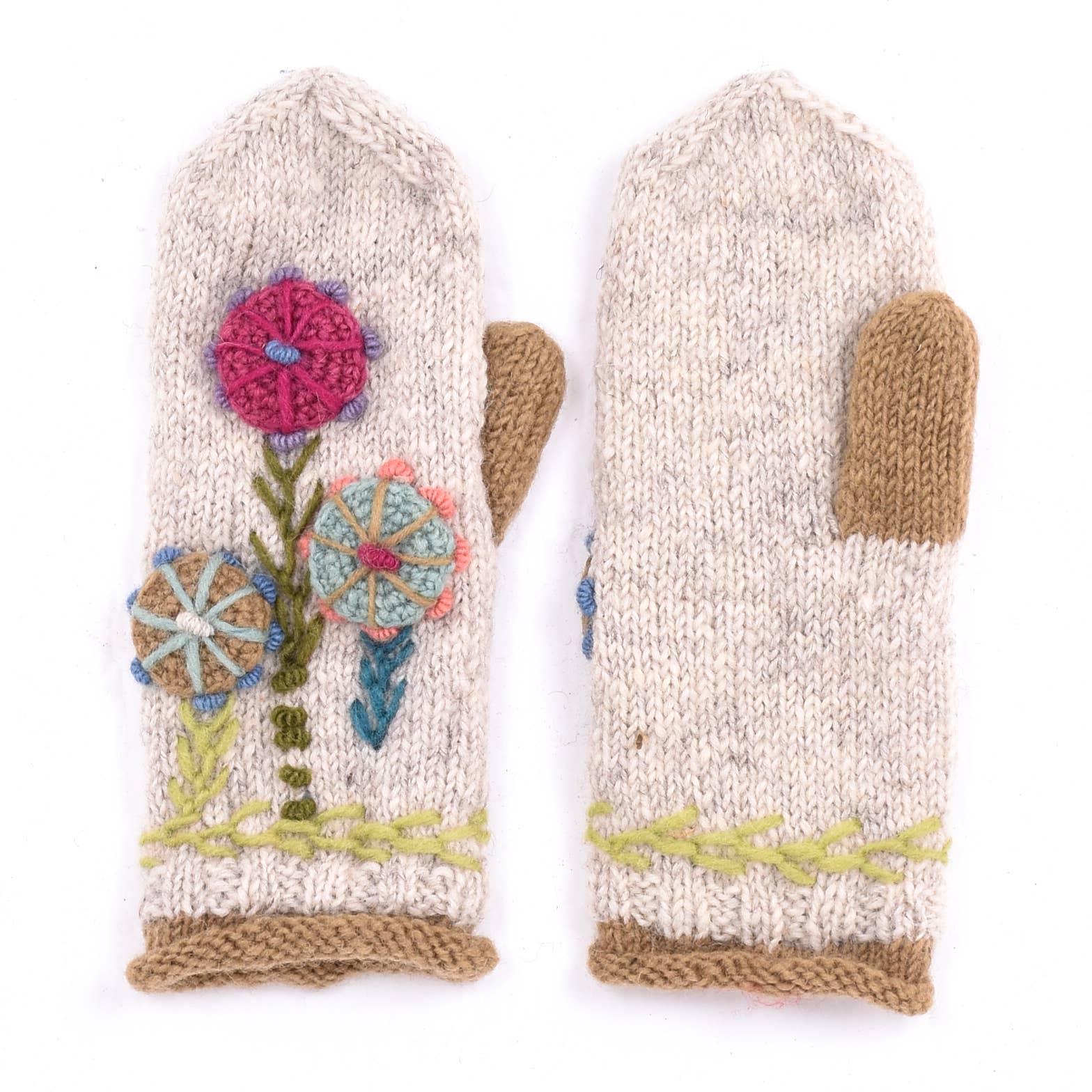 Lost Horizons Knitwear – Ships from USA - Wholesale Mittens - Women's - Maya Mittens – Hand-Knit Wool with 3D Floral Embroidery2