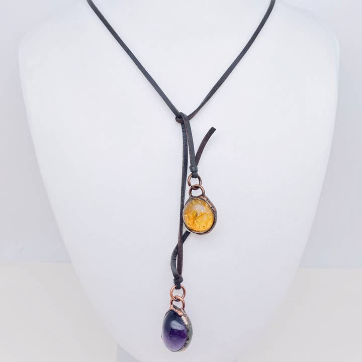Mio Queena - Wholesale Y-neck/lariat necklace - Citrine & Amethyst Pendant PU Leather Lariat Necklace - CS