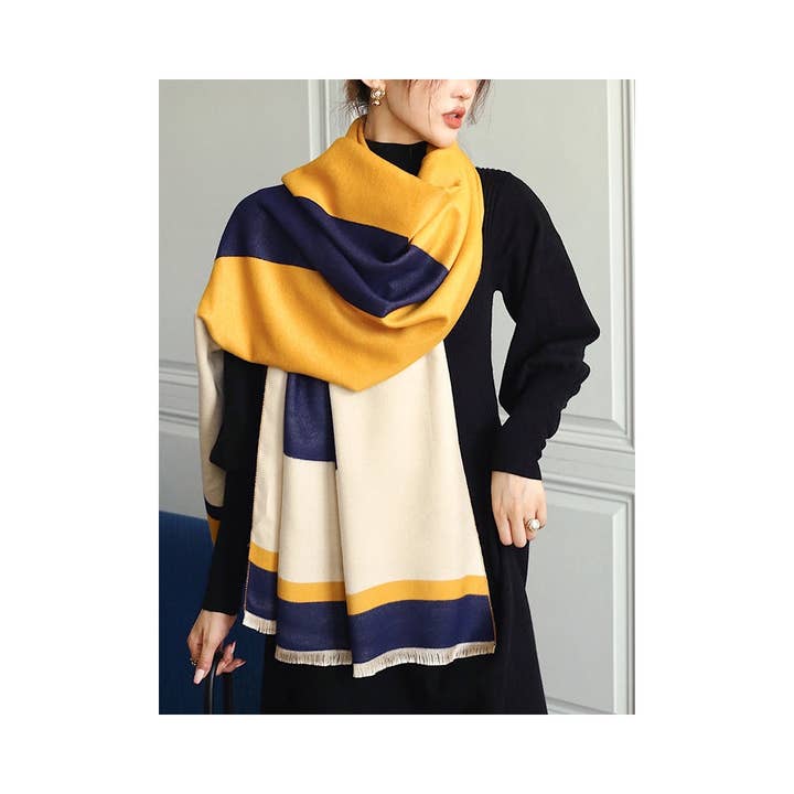 Soft Cashmere Blend Striped Shawl Scarf with Color Block Detail for wholesale by FurDecoration