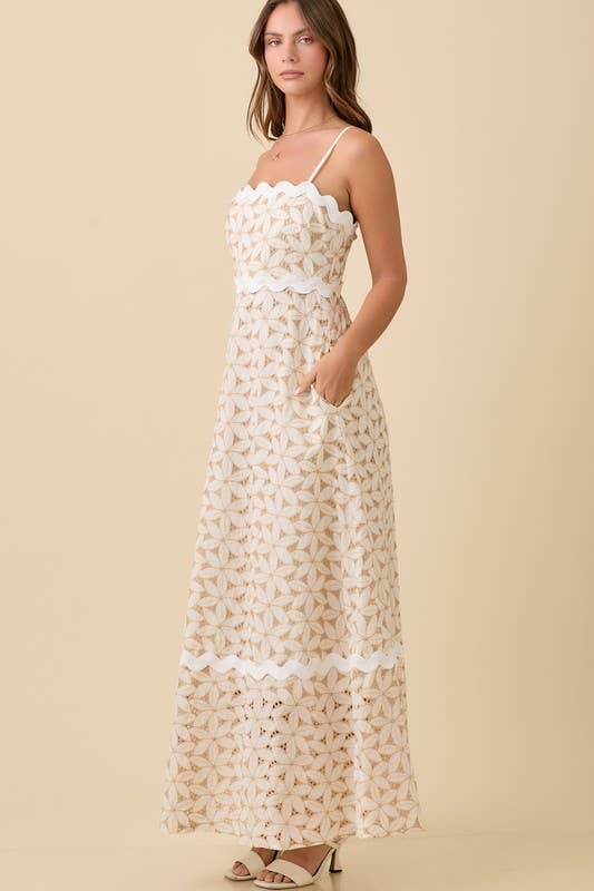 TAUPE Floral Eyelet Maxi Dress With Contrasting Ric Rac for wholesale on Faire6
