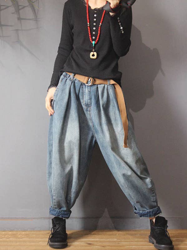 BLÅ Vintage Denim Lös elastisk midja Bloomers Byxor för wholesale på Faire