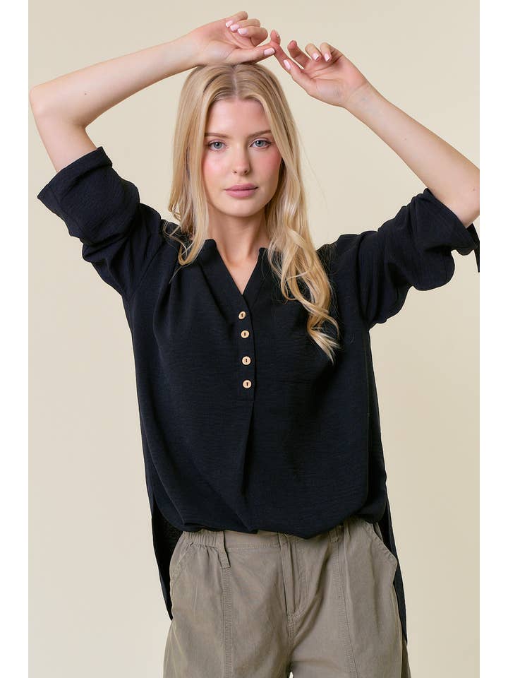 Doe and Rae - Wholesale Tunic - Women's - HALF BUTTON HI-LO BLOUSE - 43942T8