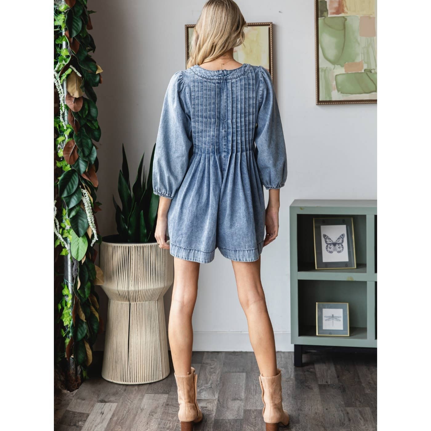 Veveret - Wholesale Romper - Women's - V-neck Puff Sleeve Denim Romper15