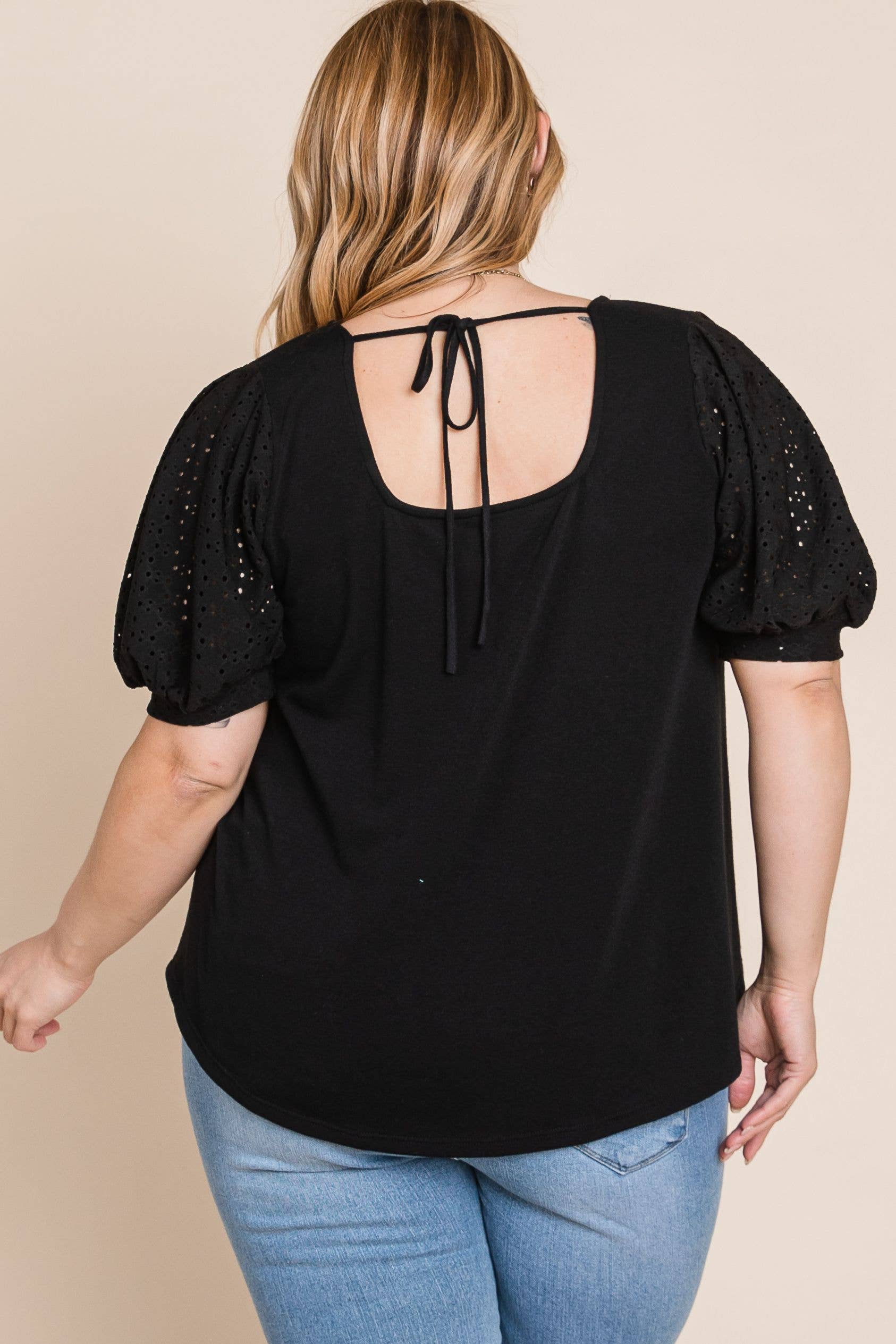 Sort ETK-8820-PL Plus Størrelse Øje Boble ærmer Solid Strik Top for engroshandel på Faire8