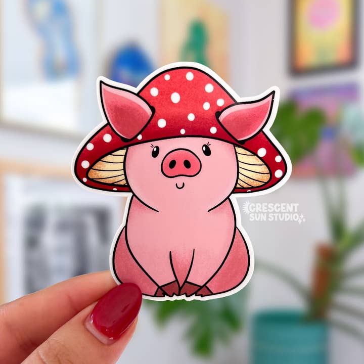Adesivo di Maiale Fungo, Adesivo di Animale da Fattoria Carino - Rosso per la vendita all'ingrosso da parte di Crescent Sun Studio