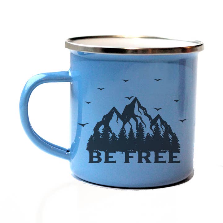 Be Free Mountain Enamel Camp Mug, Camping, Hiking Nature for wholesale by The Traveled Lane®