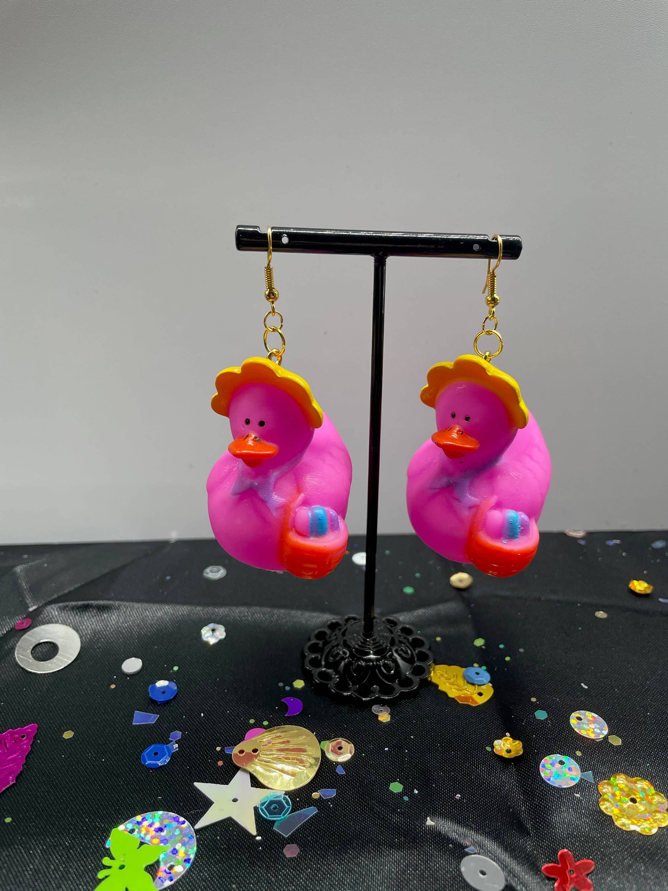 R59Creates – wholesale Dangle earrings – Easter Themed Lil Rubber Ducky Earrings! In Yellow Bunny, Blue Bunny, Pink Bonnet, And Purple Egg W/ Gold, Silver Or Silver Drop Chain!6