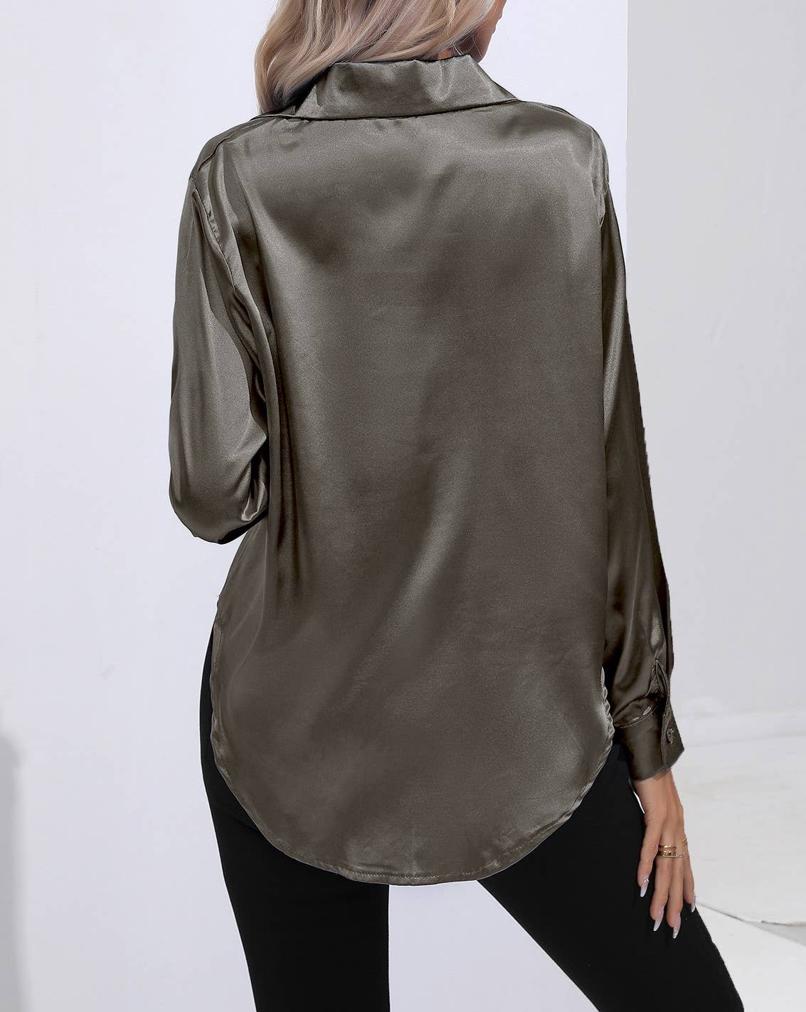 HIDDENBRAND - Wholesale Button Down Shirt - Women's - Satin Faux Silk Long-Sleeved Shirt43