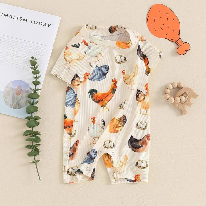 apricot 0-18M Baby Roosters Print Short Sleeve Jumpsuit Wholesale Baby Clothes V3824042919501 for wholesale on Faire