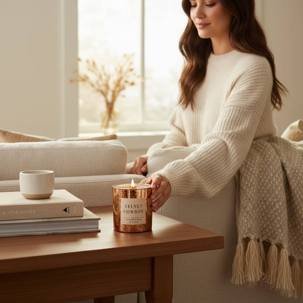 FEBE Candles - Wholesale Jar/Filled Candle - Velvet Cowboy - Cedarwood + Lavender 10 oz Gold Glass Candle3