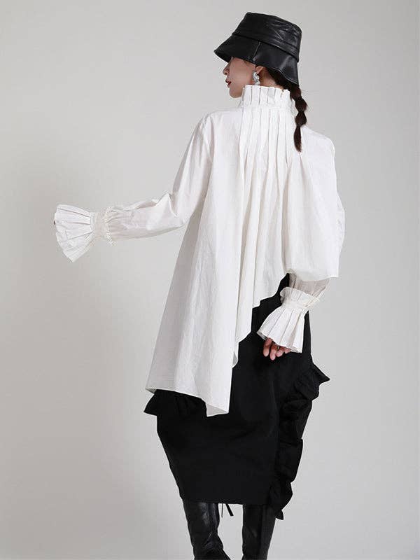 WHITE Original Stylish Irregular Pleated Buttoned Stand Collar Long Sleeves Blouse for wholesale on Faire2