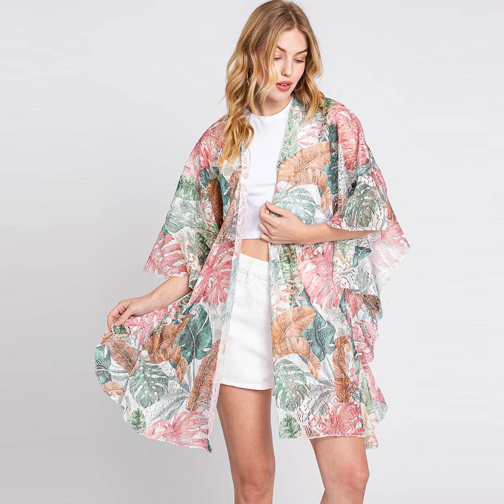 Sensibling Corp. - Wholesale Kimono - Women's - Ruffle Lined Leaves Printed Crochet Cover-Up Kimono Poncho1
