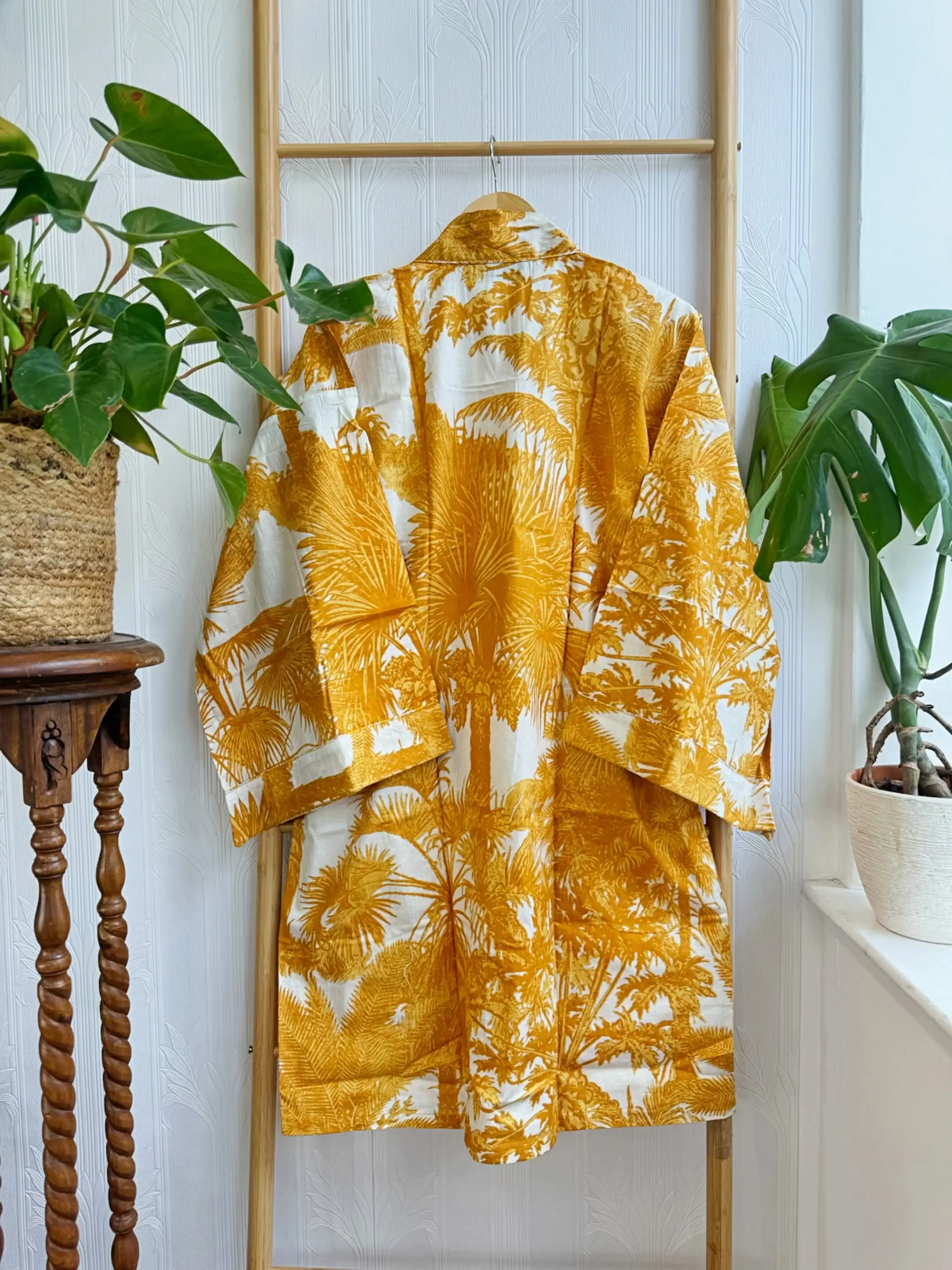Essential Designs London – wholesale Kimono – Women's – Pure Cotton Summer Short Kimono Sunshine Yellow Botanical 1