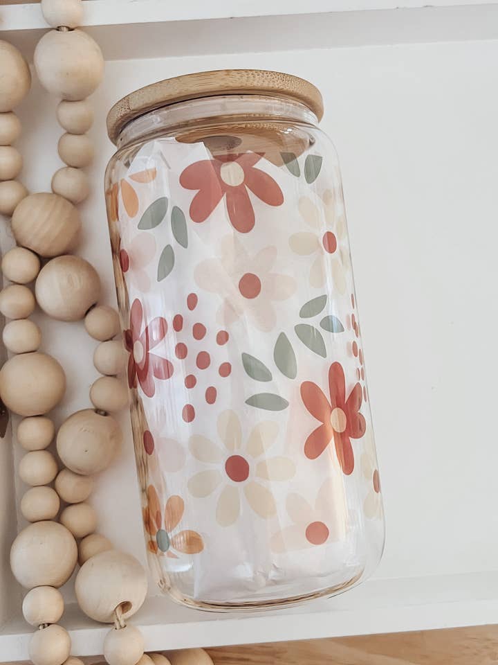 Autumn Meadow 16 oz Glass Cup with Bamboo Lid for wholesale by Emma K Designs