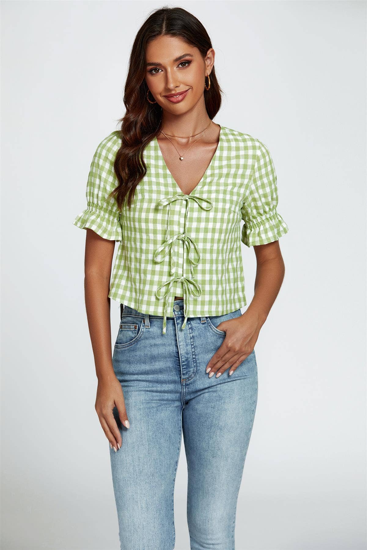 Check Print Tie Front Top In Green for wholesale on Faire4