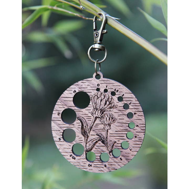 Knitting Needle Gauge Flower - Walnut Wood with Bronze Clasp for wholesale by Sunrise Grove
