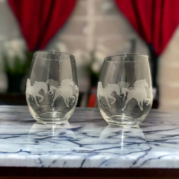 The Krafty Equestrian - Wholesale Wine Glass - Etched glassware with Horse Herd design, wine or rocks