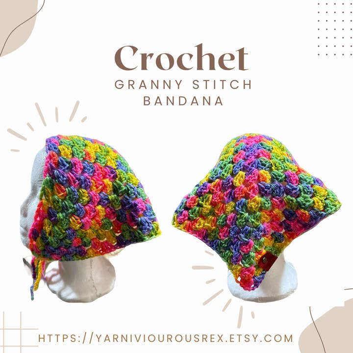 Bubble Gum Rainbow Granny Stitch Bandana för wholesale av Yarniviourous Rex