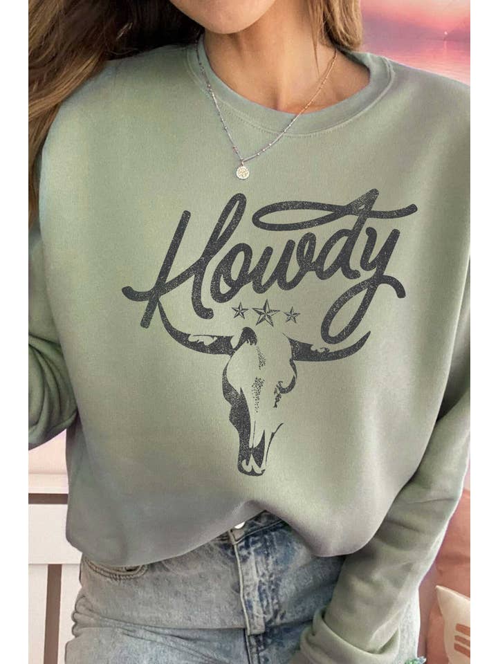 Rustee Clothing - Wholesale Graphic Sweatshirt - Women's - HOWDY COW SKULL GRAPHIC BRUSHED SWEATSHIRTS
