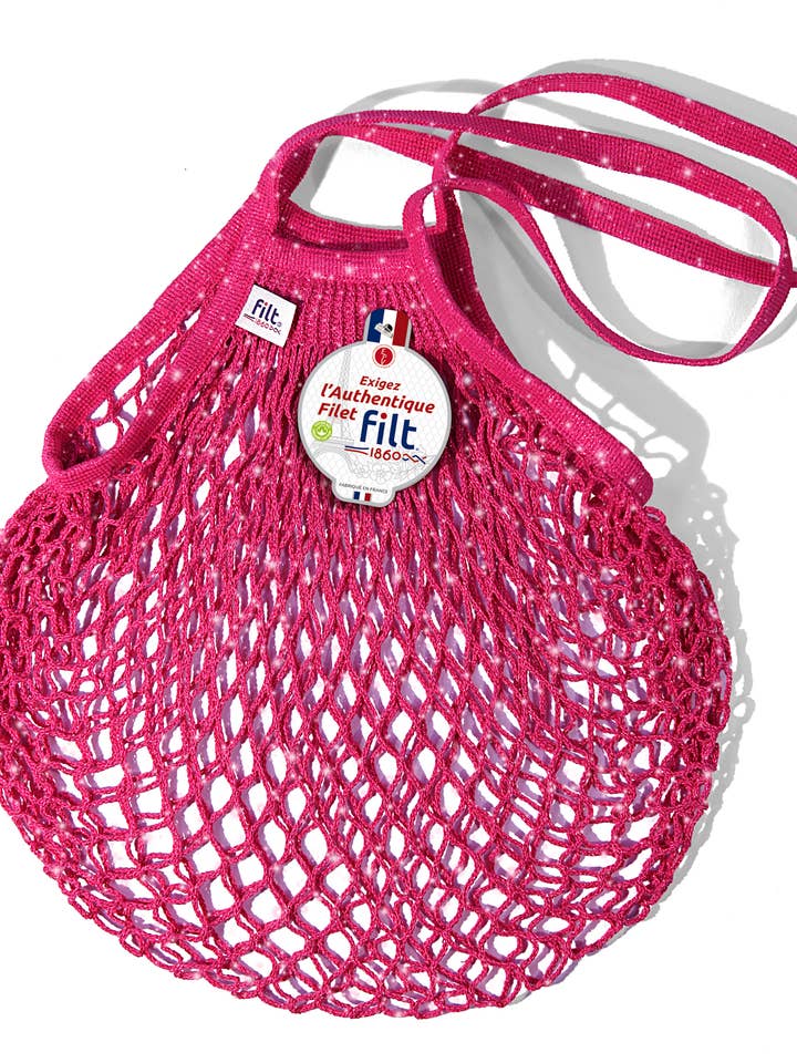 Net shopping bag Raspberry Paillettes long handles for wholesale by Filt1860
