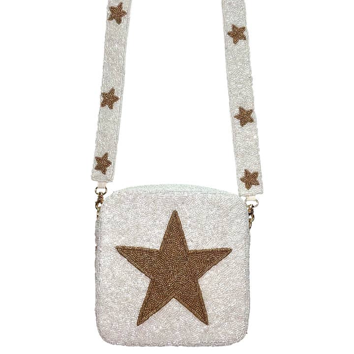 WHITE GOLD STAR BEADED BOX W/ STRAP for wholesale by Pizzazz, Inc.