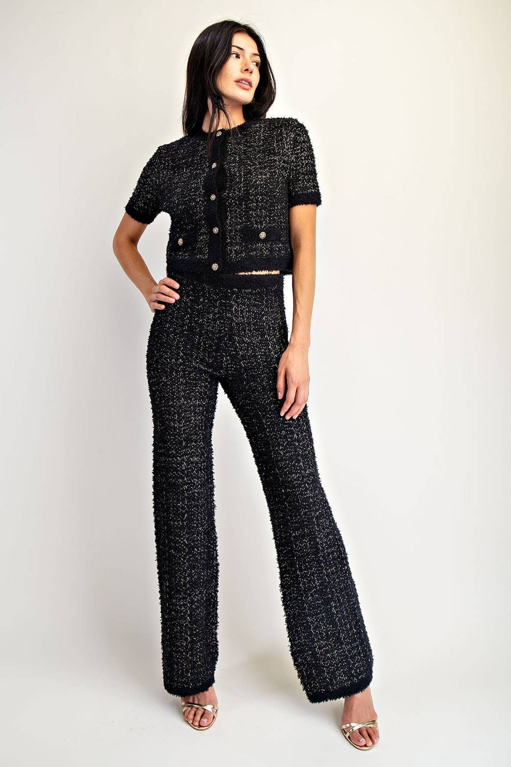 Edit by Nine – Engroshandel Bukser - Dame – Højtaljede Lurex Sweater Bukser med Lige Ben3