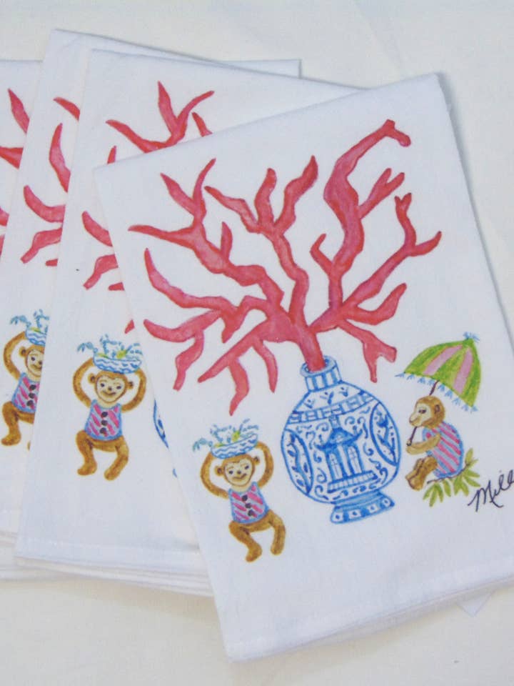 Limited Edition Watercolor Coral Monkeys Flour Sack Napkins for wholesale by Lowcountry Linens